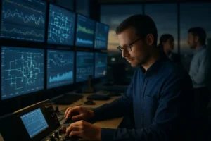 AI data quality worksheet beside a power grid diagram and laptop
