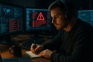AI-Driven Threats dashboard with security alerts and access controls on a workstation