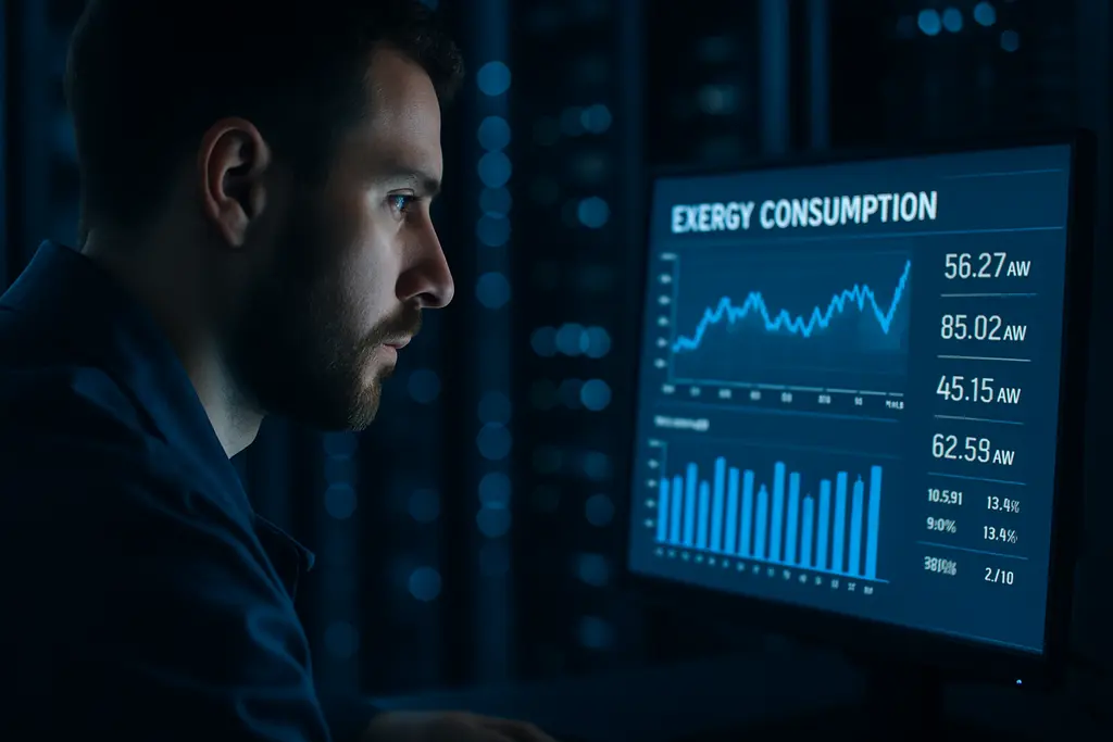 AI Energy Use dashboard beside data center racks and a power substation