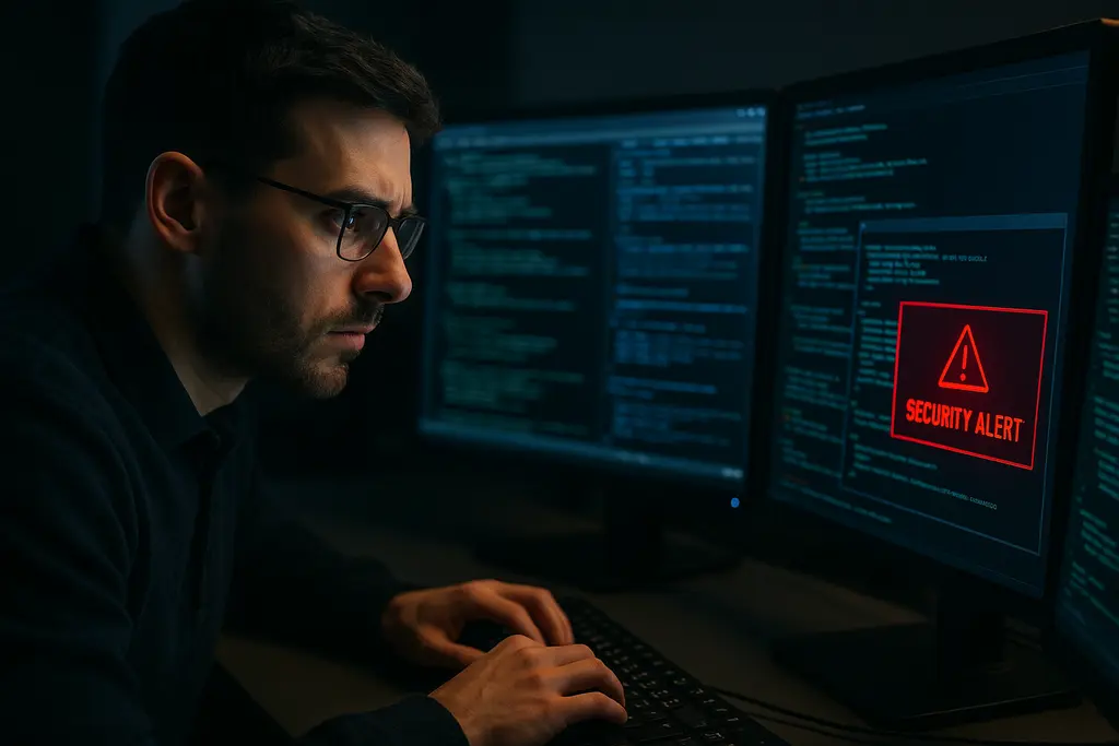 Security team reviewing Gold Eagle Cybersecurity Initiative vulnerability workflow on shared monitors