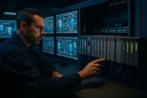PLC Security Vulnerabilities shown by a water control cabinet and network cables