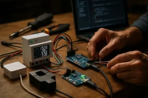 Smart Energy Management kit with sensors, controller board, and connected load on a workbench