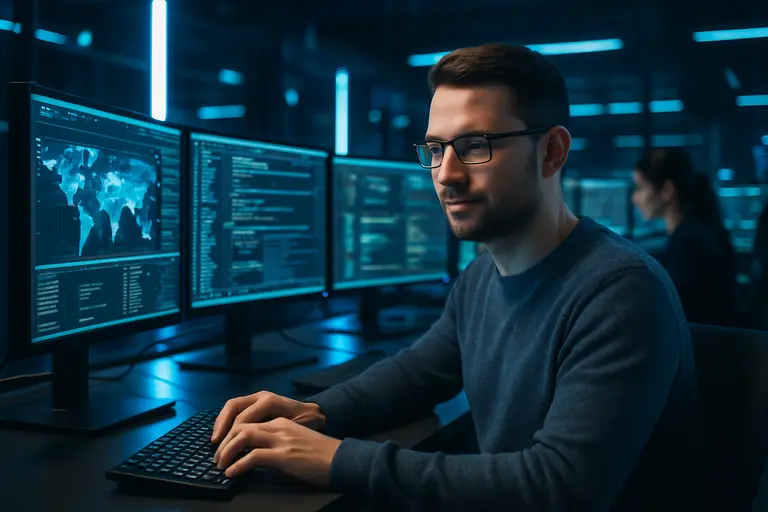 Technician checking a secure network panel in a water facility