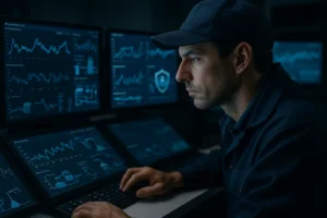 Operator reviews water system cybersecurity controls beside pump energy data