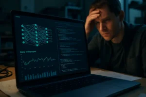 AI Energy Efficiency dashboard beside server racks and power meters
