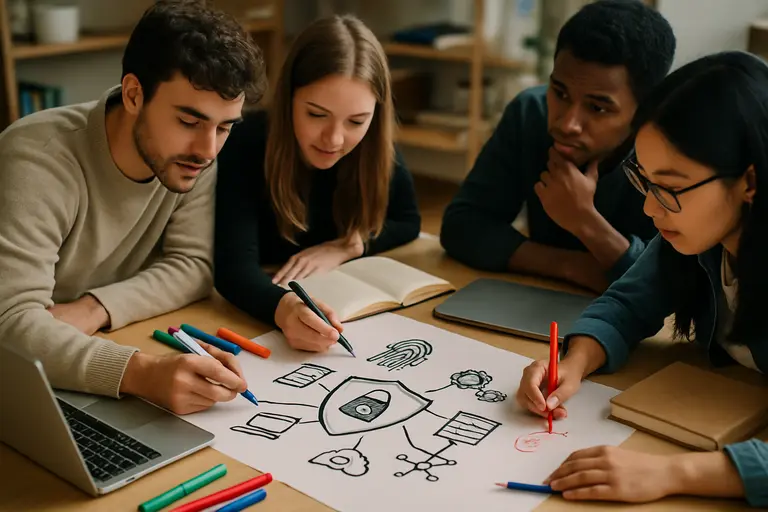 Small student group assigning defensive security roles at a table