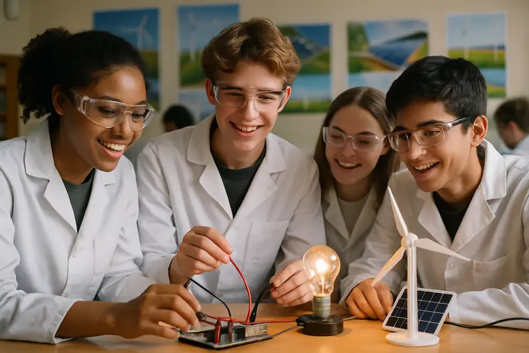 Students measuring voltage on a small electronics training board