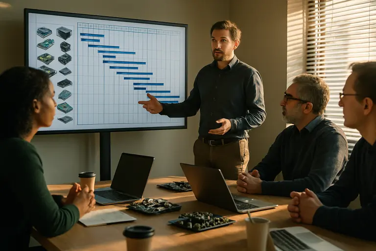 Project planning chart beside an airport operations display