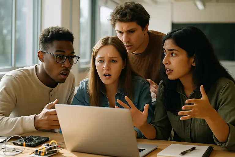 Students reviewing a circuit project while an instructor checks a standards checklist