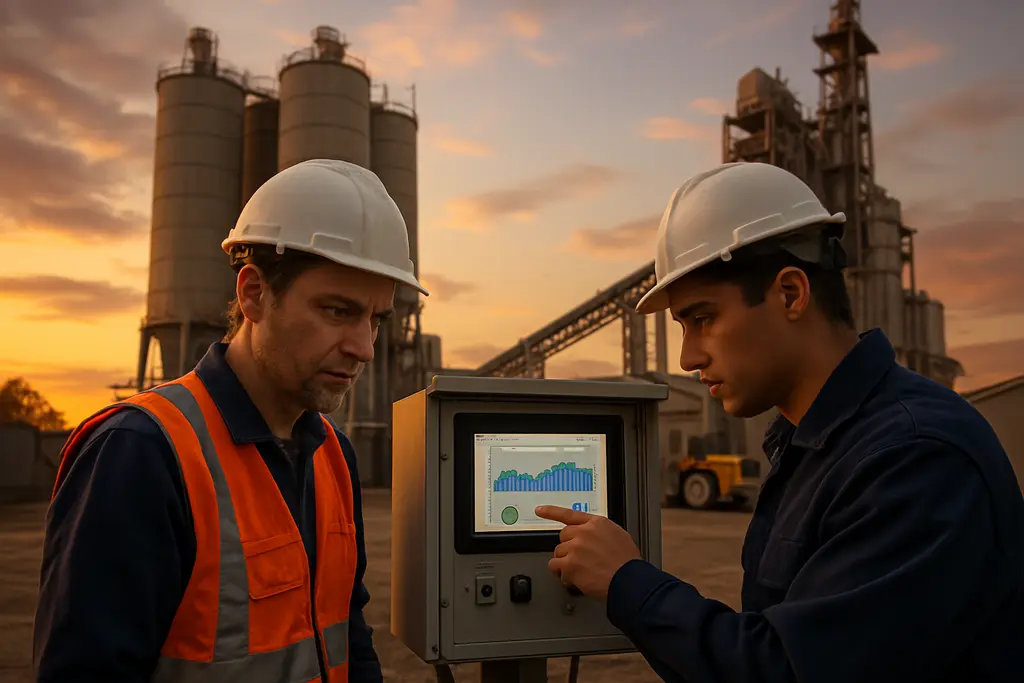 AI cement energy dashboard monitoring kiln heat and fuel use in a control room