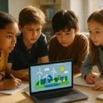 AI Energy Lesson worksheet beside a laptop showing model energy comparison notes