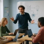 Teacher reviewing an AI energy lesson with grid demand charts and classroom worksheets