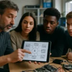 Teacher reviewing AI infrastructure risks with students using a classroom risk chart