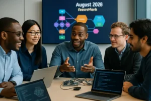 Open Weight AI policy notes beside a laptop in a classroom lab