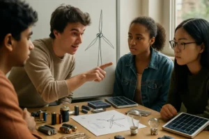 OpenAI Energy Lesson worksheet beside calculator and classroom circuit kit