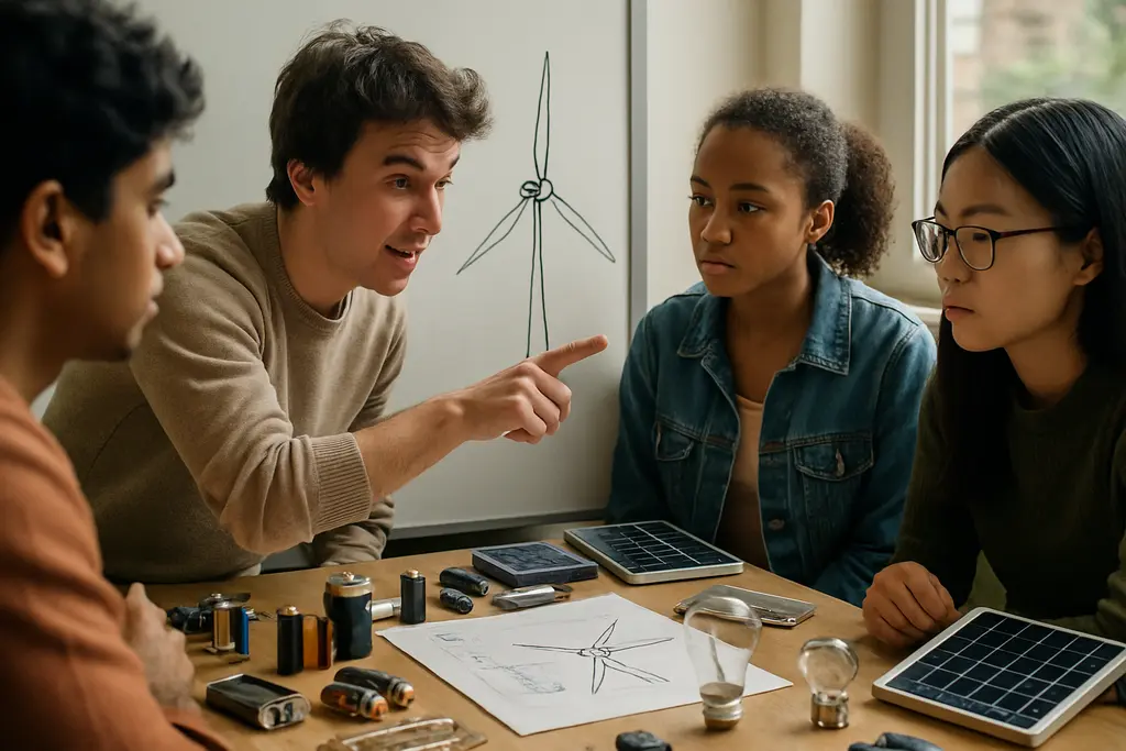 OpenAI Energy Lesson worksheet beside calculator and classroom circuit kit