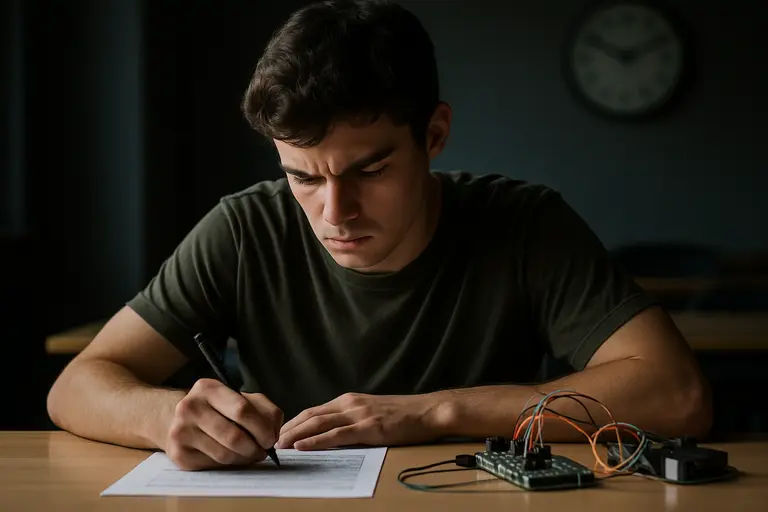 Student writing a short incident memo beside a laptop and printed rubric