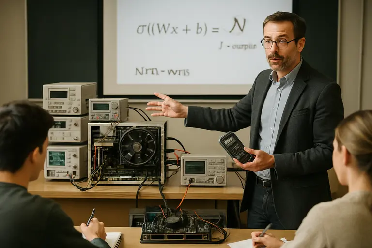 Students recording power readings beside a workstation in an electronics lab