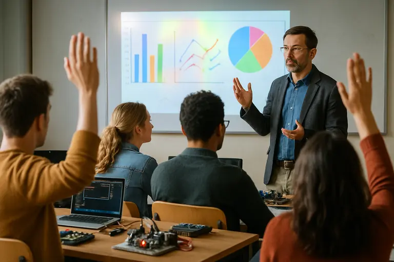 Students reviewing a power demand diagram at a classroom table