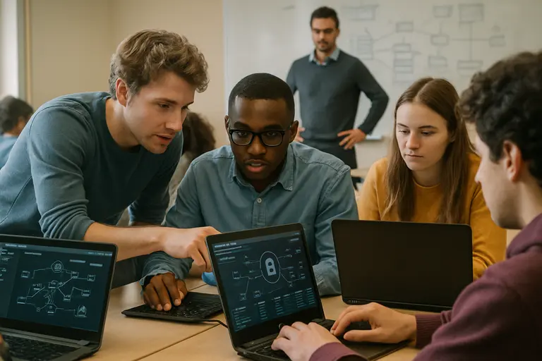 Students reviewing a safe lab network diagram with containers and blocked internet access