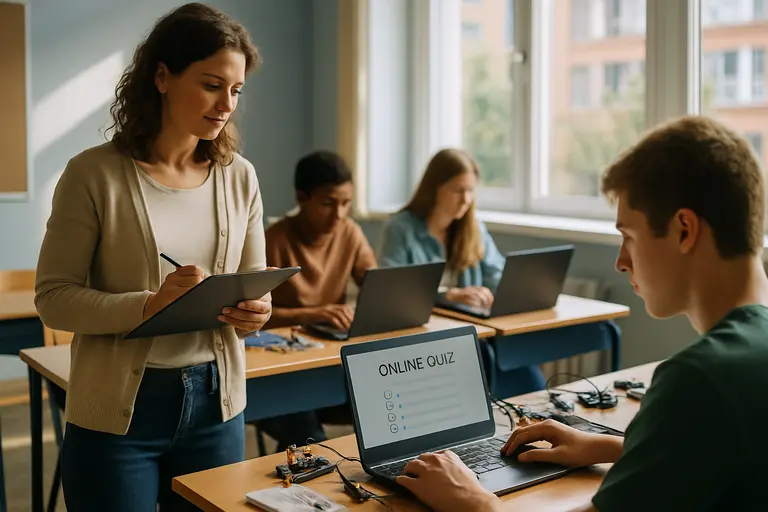 Teacher checking student technical memos beside printed energy data tables
