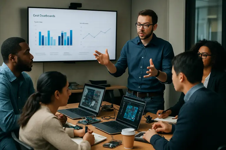 Team comparing evaluation notes and token logs at a lab table