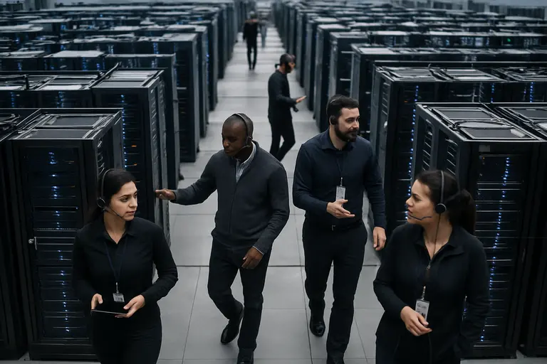Technician checking cables behind a rack of AI servers